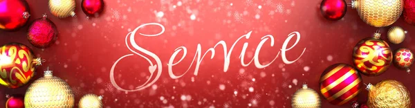 サービスとクリスマスカード クリスマスの装飾ボール 雪と空想的でエレガントな言葉で赤い背景サービス 3Dイラスト — ストック写真