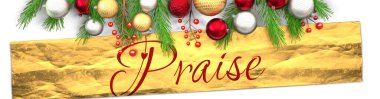 Övgüler ve beyaz Noel kartı, hafif arka planlı, altın hediye paketi, Noel süsleri ve süslü ve zarif kelime övgü, 3d illüstrasyon