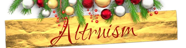光の背景を持つ利他主義と白のクリスマスカード 黄金のプレゼント包装紙 クリスマスの装飾品と空想とエレガントな言葉利他主義 3Dイラスト — ストック写真