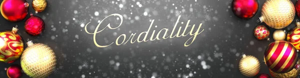 Cordiality Christmas Fancy Black Background Card Christmas Ornament Balls Snow — Stok Foto