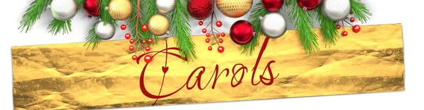 光の背景を持つキャロルとホワイトクリスマスカード 黄金のプレゼント包装紙 クリスマスの装飾品と空想的でエレガントな言葉キャロル 3Dイラスト — ストック写真