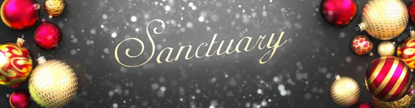 聖域とクリスマス クリスマスの装飾ボール 雪とエレガントな単語の保護区 3Dイラストと空想の黒の背景カード — ストック写真