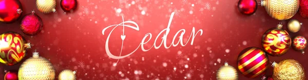 Cedar Kartka Świąteczna Czerwone Tło Bombkami Śnieg Fantazyjne Eleganckie Słowo — Zdjęcie stockowe