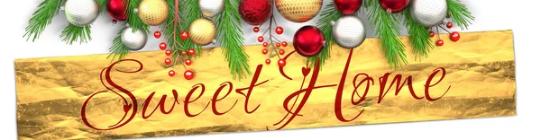 明るい背景を持つ甘い家庭と白いクリスマスカード 黄金のプレゼント包装紙 クリスマスの装飾品と空想とエレガントな言葉甘い家 3Dイラスト — ストック写真