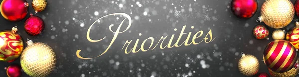 Priorytety Boże Narodzenie Fantazyjne Czarne Tło Karty Bombkami Śnieg Eleganckie — Zdjęcie stockowe