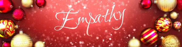 同情和圣诞卡 红色背景与圣诞装饰球 雪和一个花哨而优雅的词同情 3D插图 — 图库照片