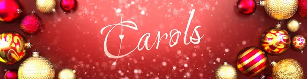 Carols Carte Noël Fond Rouge Avec Boules Ornement Noël Neige — Photo