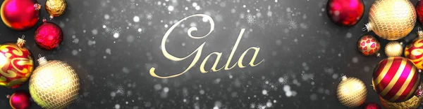 Gala Vánoce Luxusní Černé Pozadí Vánoční Ozdobou Koule Sníh Elegantní — Stock fotografie