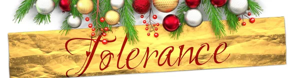 Toleranz Und Weiße Weihnachtskarte Mit Hellem Hintergrund Goldenem Geschenkpapier Weihnachtsschmuck — Stockfoto