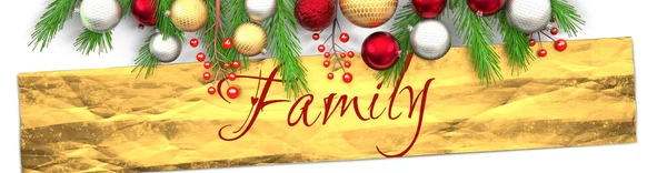 光の背景を持つ家族と白のクリスマスカード 黄金のプレゼント包装紙 クリスマスの装飾品と空想的でエレガントな言葉家族 3Dイラスト — ストック写真