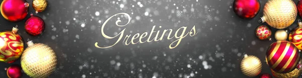 Grüße Und Weihnachten Schicke Schwarze Hintergrundkarte Mit Weihnachtskugeln Schnee Und — Stockfoto