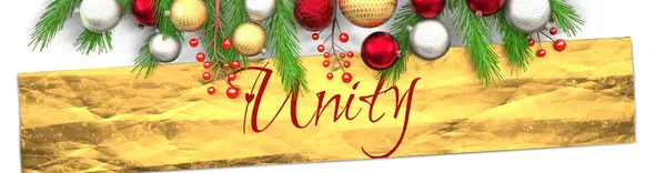 Unity Und Weiße Weihnachtskarte Mit Hellem Hintergrund Goldenem Geschenkpapier Weihnachtsschmuck — Stockfoto