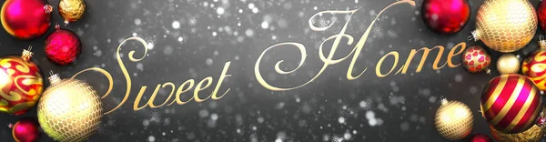 Sweet Home Christmas Fancy Zwarte Achtergrond Kaart Met Kerstballen Sneeuw — Stockfoto