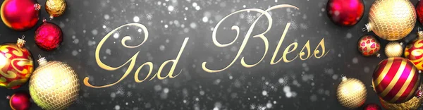 Бог Благословить Різдво Фейкова Чорна Листівка Кулями Різдвяних Прикрас Сніг — стокове фото
