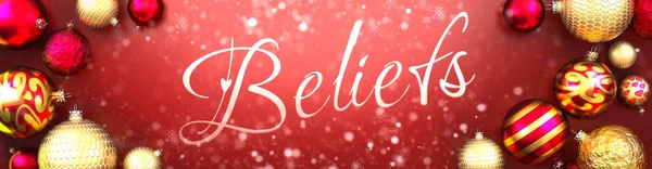Beliefs Και Κάρτα Χριστουγέννων Κόκκινο Φόντο Μπάλες Στολίδι Χριστούγεννα Χιόνι — Φωτογραφία Αρχείου