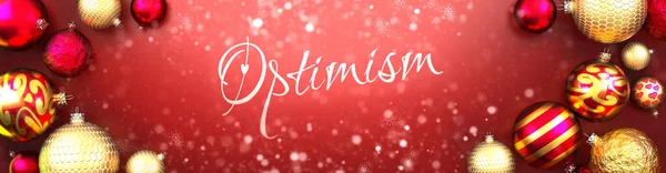 Optimisme Kerstkaart Rode Achtergrond Met Kerstballen Sneeuw Een Sjiek Elegant — Stockfoto