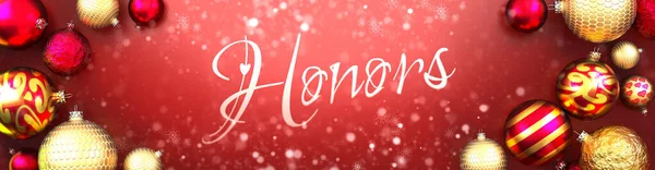 Honory Kartka Świąteczna Czerwone Tło Kulkami Świątecznymi Śnieg Fantazyjne Eleganckie — Zdjęcie stockowe
