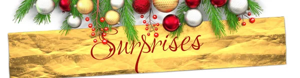 Überraschungen Und Weiße Weihnachtskarte Mit Hellem Hintergrund Goldenem Geschenkpapier Weihnachtsschmuck — Stockfoto