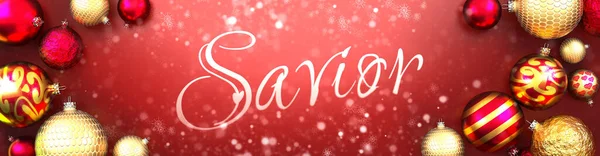 Zbawiciel Kartka Świąteczna Czerwone Tło Bombkami Śnieg Fantazyjne Eleganckie Słowo — Zdjęcie stockowe
