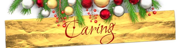 Caring Und Weiße Weihnachtskarte Mit Hellem Hintergrund Goldenem Geschenkpapier Weihnachtsschmuck — Stockfoto