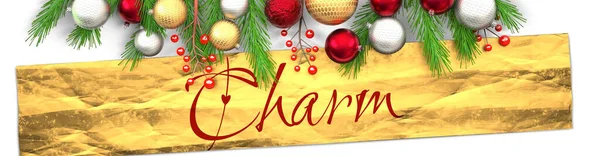 Charme Und Weiße Weihnachtskarte Mit Hellem Hintergrund Goldenem Geschenkpapier Weihnachtsschmuck — Stockfoto