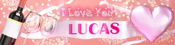 私はあなたを愛していますルーカス 結婚式 バレンタイン または単に私はあなたのお祝いカード キラキラと幸せなパーティースタイル ワインと大きなピンクのハートバルーン 3Dイラストが大好きです — ストック写真