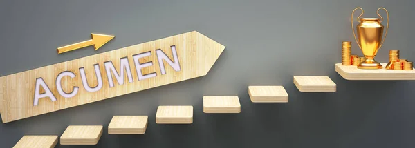 Acumen para ve başarı getirir iş ve hayatta - merdivenler ve Acumen işareti ile sembolize bir zafer kupası ve altın para göstermek için Acumen zengin olmaya yardımcı olur, 3d illüstrasyon