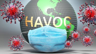 Havoc ve covid - Dünya küresi, Havoc ve güncel olaylar arasındaki ilişkiyi göstermek için Corona virüslerine karşı mavi bir maskeyle korunuyor.