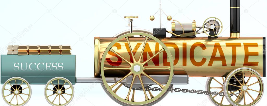 Syndicate and success - symbolized by a steam car pulling a success wagon loaded with gold bars to show that Syndicate is essential for prosperity and success in life, 3d illustration
