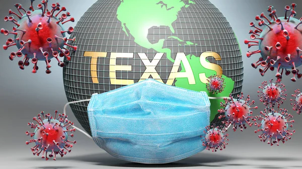 Texas and covid - Earth globe protected with a blue mask against attacking corona viruses to show the relation between Texas and current events, 3d illustration