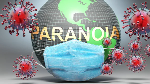 Paranoia and covid - Earth globe protected with a blue mask against attacking corona viruses to show the relation between Paranoia and current events, 3d illustration