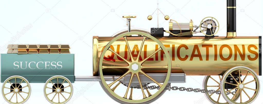 Qualifications and success - symbolized by a steam car pulling a success wagon loaded with gold bars to show that Qualifications is essential for prosperity and success in life, 3d illustration