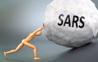 Sars ve acılı insanlık hali, insan hayatında Sars 'la başa çıkmanın ne kadar zor olduğunu göstermek için ağırlığı zorlayan ahşap bir insan figürü olarak resmedilmiş.