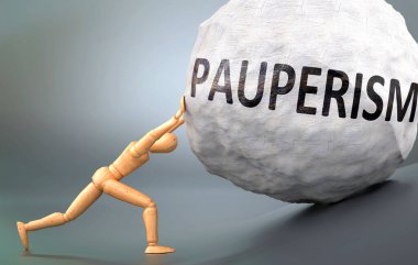 Pauperizm ve acı verici insanlık hali, insan hayatında Pauperizm 'le başa çıkmanın ne kadar zor olduğunu göstermek için ağır yük iten ahşap bir insan figürü olarak resmedilmiş, 3D illüstrasyon.