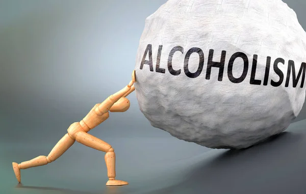 Alcoholism Painful Human Condition Pictured Wooden Human Figure Pushing Heavy — Stock Photo, Image