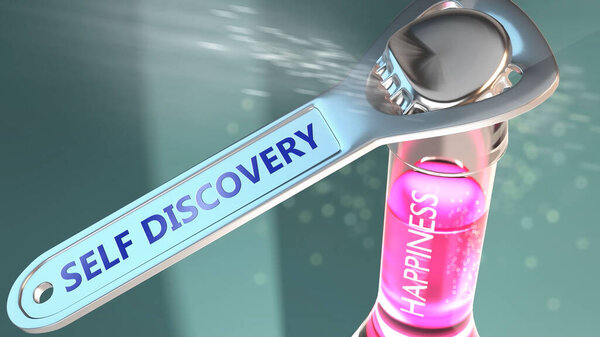 Self discovery open the way for happiness - shown as a happy bottle opened by Self discovery to symbolize the effect and impact of Self discovery, its good values, 3d illustration