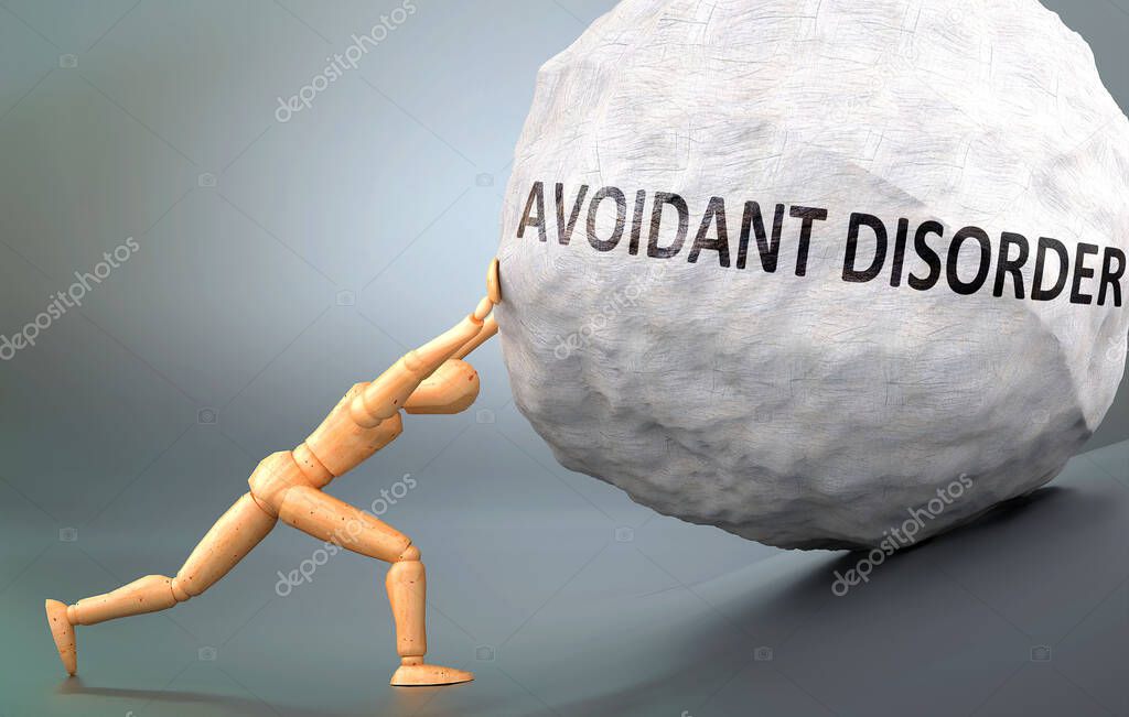 Avoidant disorder and painful human condition, pictured as a wooden human figure pushing heavy weight to show how hard it can be to deal with Avoidant disorder in human life, 3d illustration