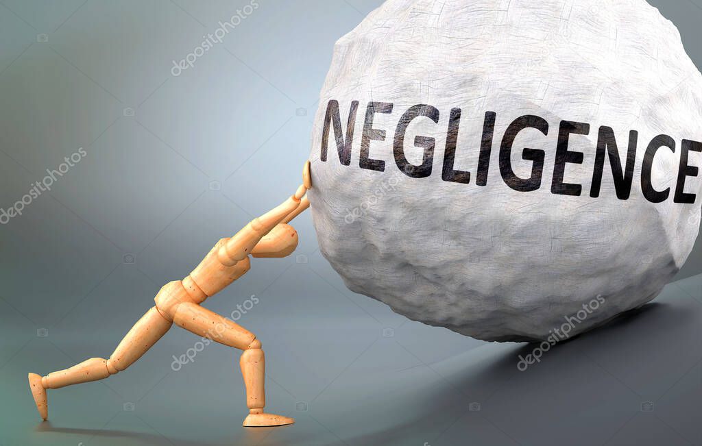 Negligence and painful human condition, pictured as a wooden human figure pushing heavy weight to show how hard it can be to deal with Negligence in human life, 3d illustration
