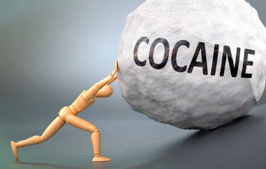 Kokain ve acı verici insanlık hali, insan hayatında kokainle başa çıkmanın ne kadar zor olduğunu göstermek için ağırlığı zorlayan ahşap bir insan figürü olarak resmedilmiş.