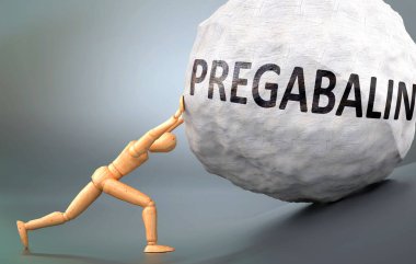 Pregabalin ve acı verici insanlık hali, insan hayatında pregabalin ile başa çıkmanın ne kadar zor olduğunu göstermek için ağır yük iten tahtadan bir insan figürü olarak resmedilmiş.