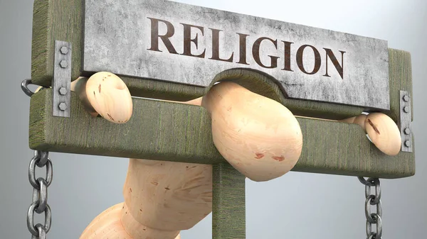 Religion that affect and destroy human life - symbolized by a figure in pillory to show Religion\'s effect and how bad, limiting and negative impact it has, 3d illustration