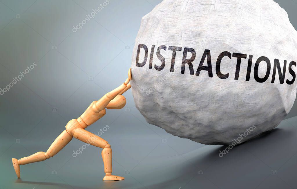 Distractions and painful human condition, pictured as a wooden human figure pushing heavy weight to show how hard it can be to deal with Distractions in human life, 3d illustration