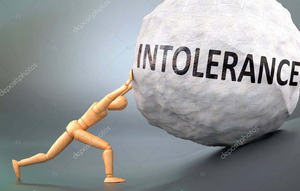 Intolerance and painful human condition, pictured as a wooden human figure pushing heavy weight to show how hard it can be to deal with Intolerance in human life, 3d illustration