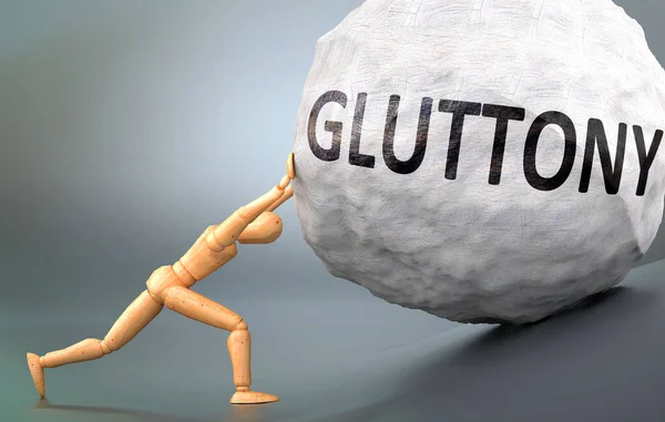 人間の生活の中でGluttonyに対処することがいかに難しいかを示すために重い重量を押す木製の人間の姿として描かれた 3Dイラスト — ストック写真