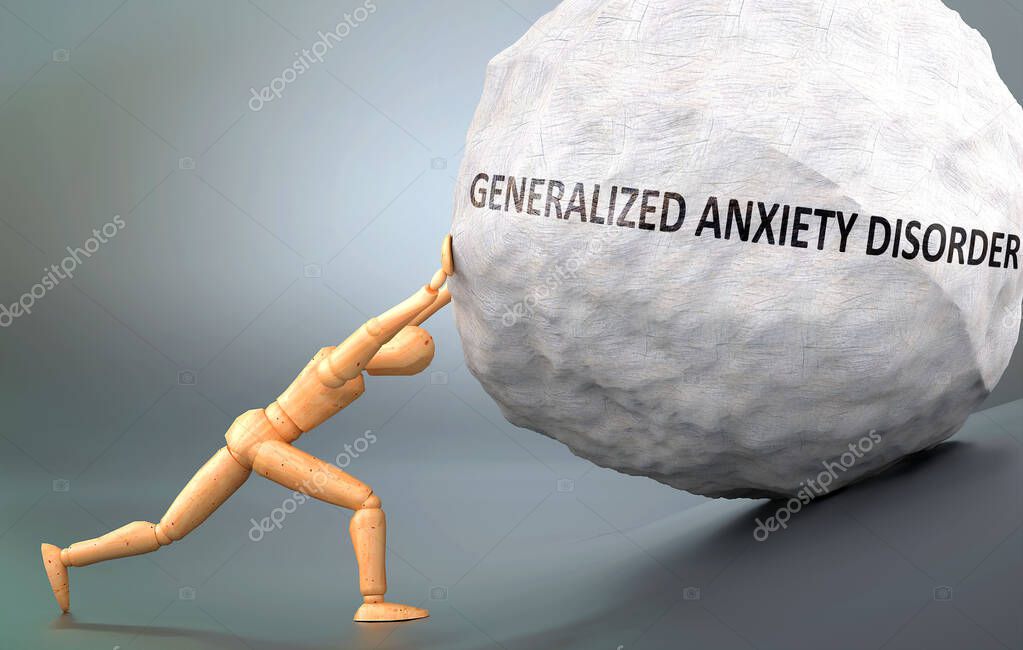 Generalized anxiety disorder and human condition, pictured as a human figure pushing weight to show how hard it can be to deal with Generalized anxiety disorder, 3d illustration
