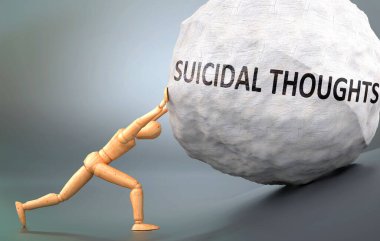 İntihara meyilli düşünceler ve acılı insanlık hali, insan hayatındaki intihara meyilli düşüncelerle başa çıkmanın ne kadar zor olduğunu göstermek için ağır yük iten tahta bir insan figürü olarak resmedilmiş.