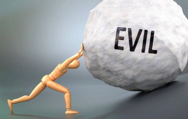 Kötü ve acı verici insanlık hali, insan hayatında kötülükle başa çıkmanın ne kadar zor olduğunu göstermek için ağırlığı zorlayan ahşap bir insan figürü olarak resmedilmiş.