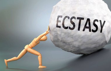 Ekstazi ve acı verici insanlık hali, insan hayatında ekstaziyle başa çıkmanın ne kadar zor olduğunu göstermek için ağır yük iten ahşap bir insan figürü olarak resmedilmiş.