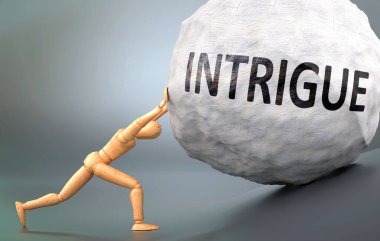 Entrika ve acı verici insanlık hali, insan hayatındaki Entrika ile başa çıkmanın ne kadar zor olduğunu göstermek için ağır yük iten ahşap bir insan figürü olarak resmedilmiş, 3 boyutlu illüstrasyon.