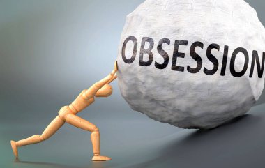 Obsession and painful human condition, pictured as a wooden human figure pushing heavy weight to show how hard it can be to deal with Obsession in human life, 3d illustration clipart